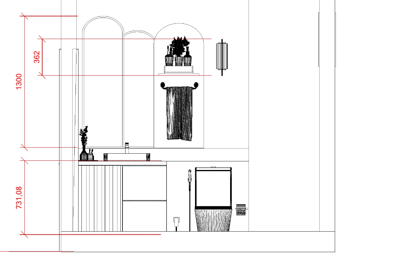 Dimensioned elevation of the vanity wall