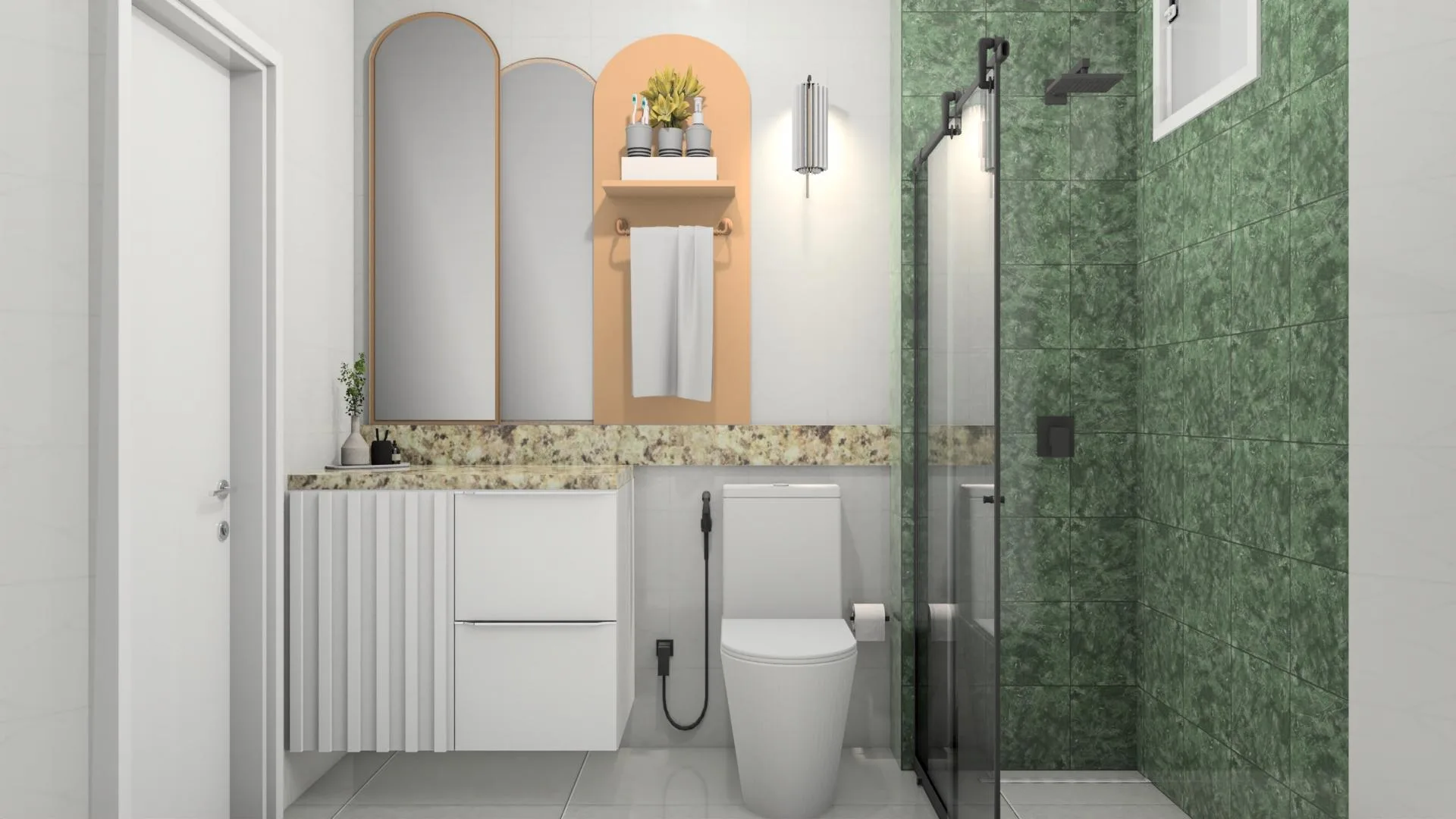Render of the vanity wall, with arched mirrors and a terracotta niche