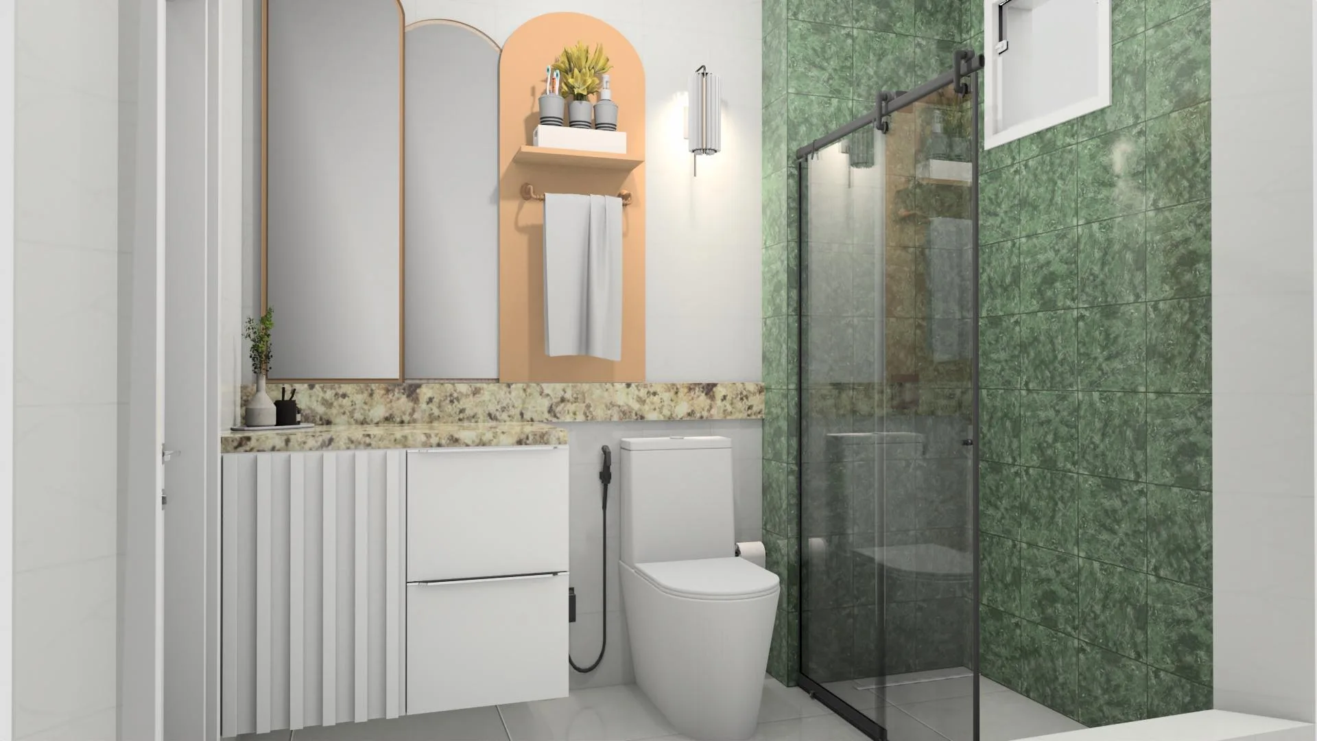 Render of the bathroom with a glass shower, green tiles and arched mirrors