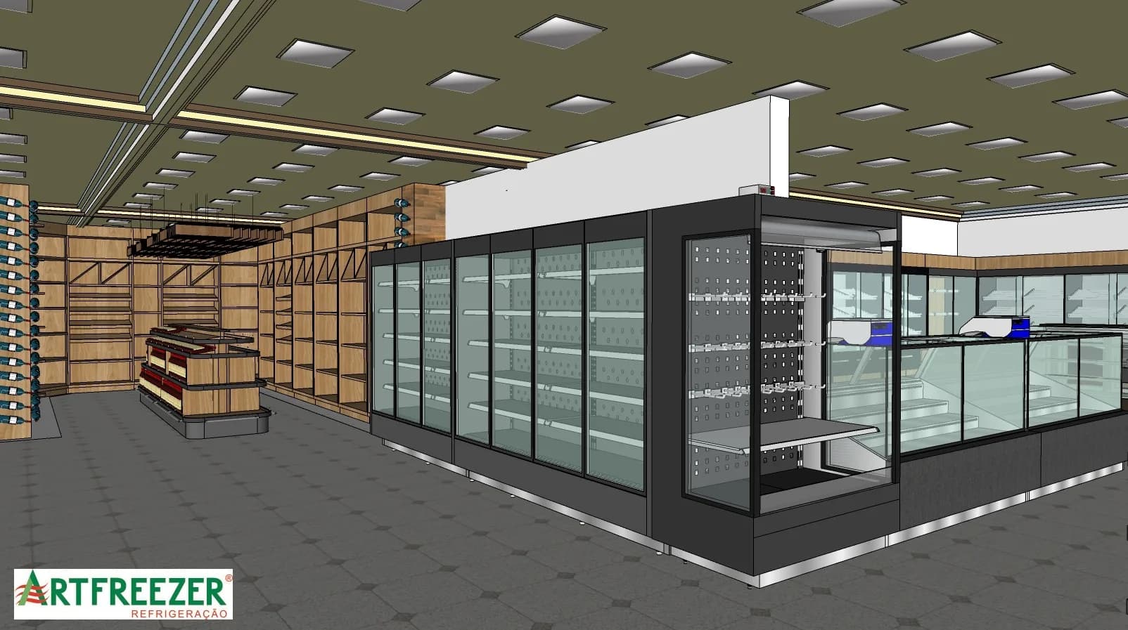 Glass-door refrigerated cases beside the butcher's counter, with the wine corner at the back.