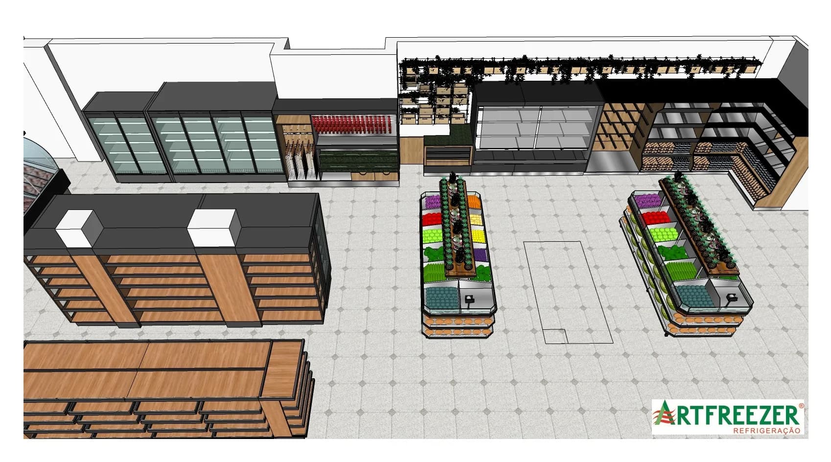 Aerial view of the produce area: islands in the middle and the L of cases, displays and fruit rack along the walls.