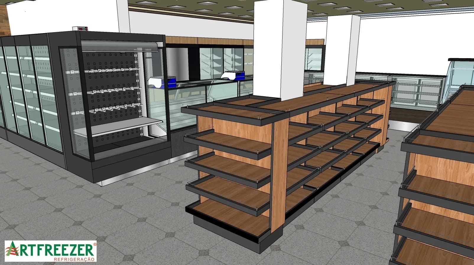 Double-sided MDF gondolas between the columns, lined up with the upright cases.