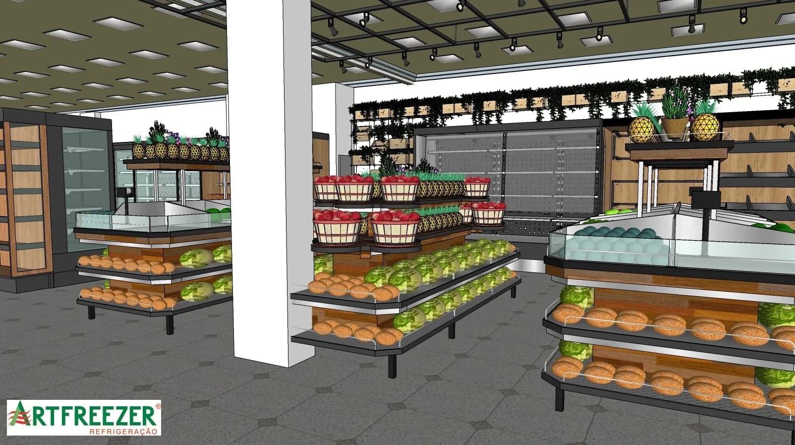 Stepped produce islands, with apple baskets and pineapples on the top tier.