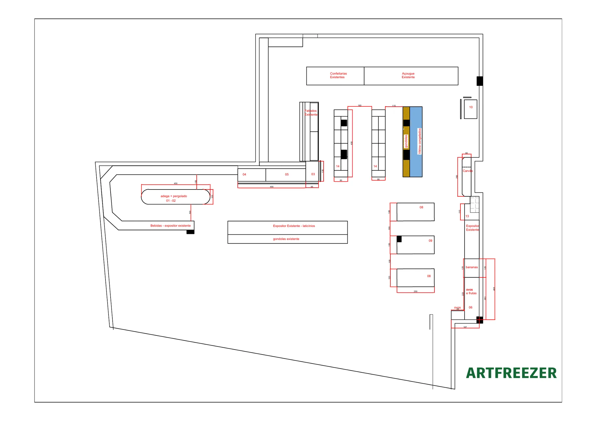 Floor plan of the supermarket with the new furniture numbered