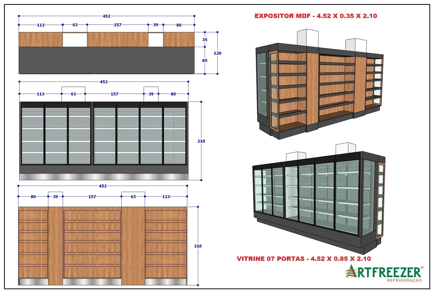 Dimensioned views of the MDF display and the seven-door case