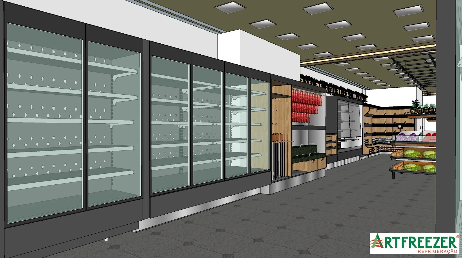 Render of the glass-door refrigerated cases