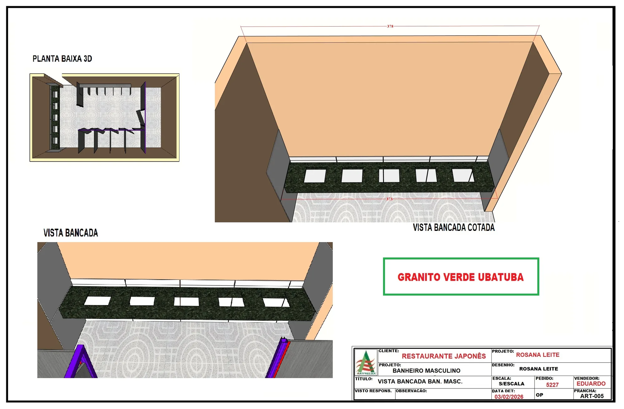 3D plan and views of the men's restroom counter