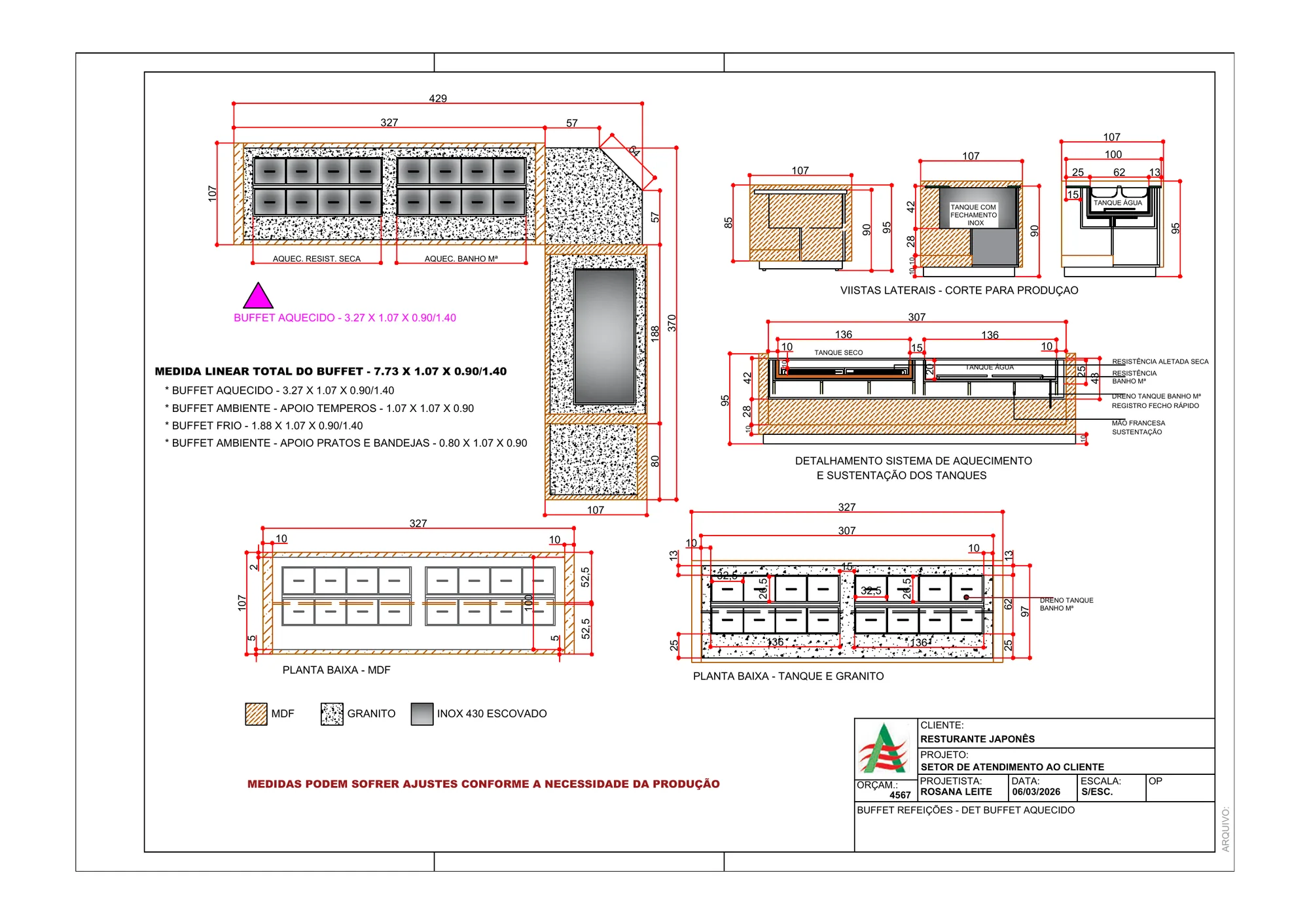 Sheet of the heated buffet with plans and sections