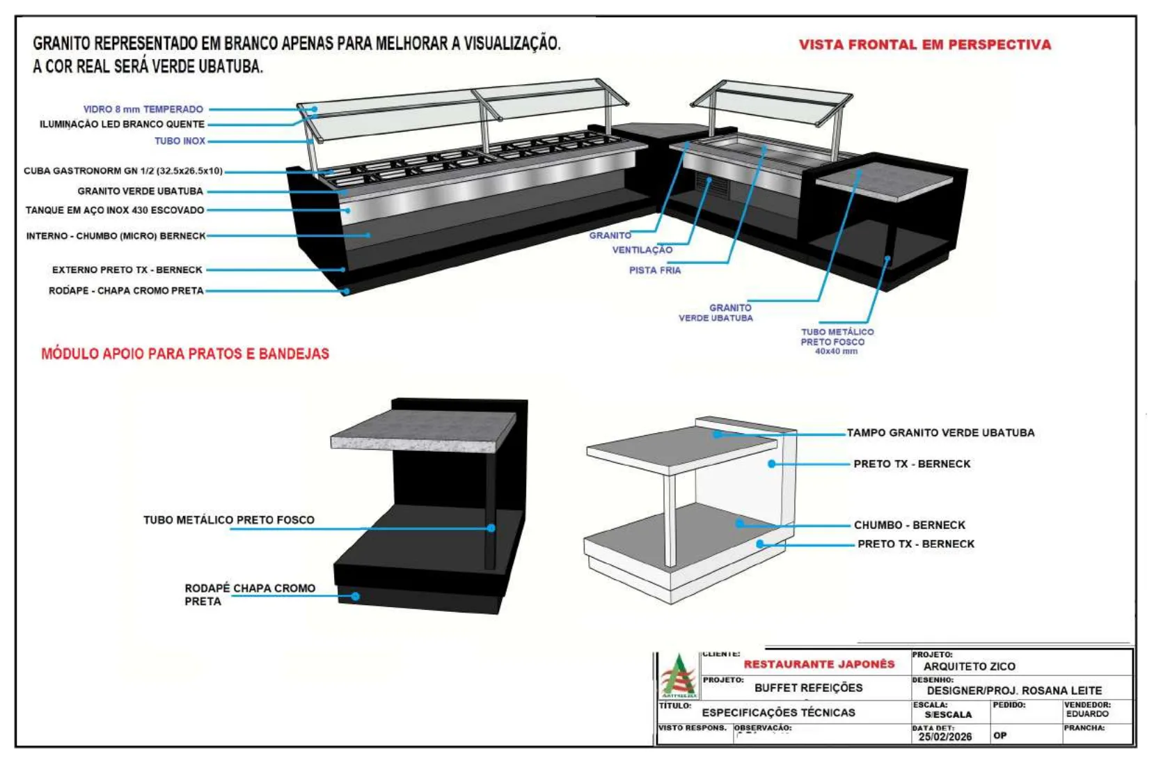 Perspective of the buffet and the plate and tray support module