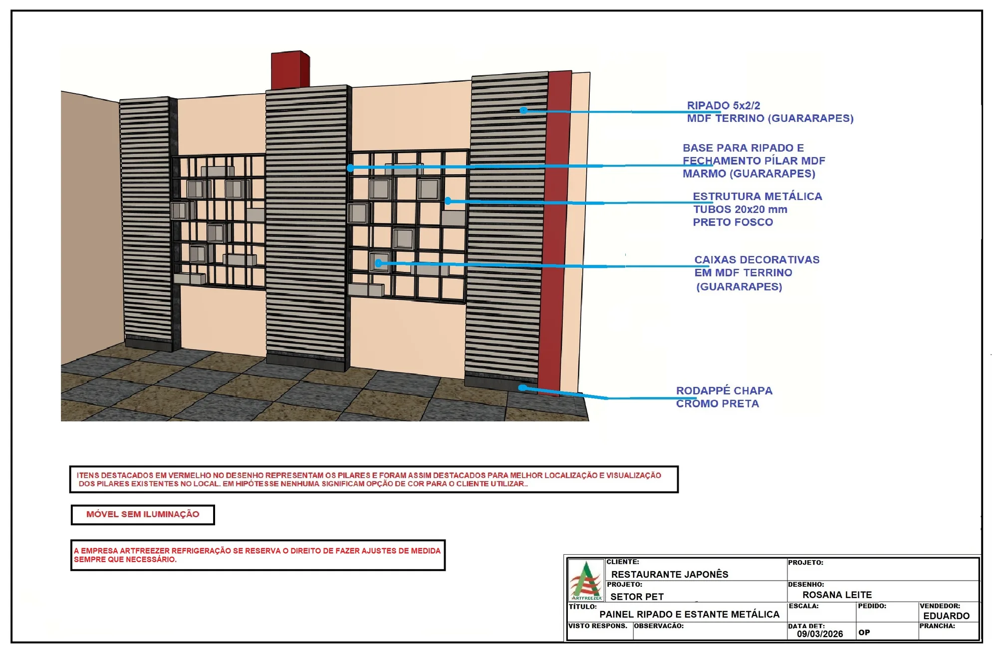 Render of the slatted panel with the steel shelving