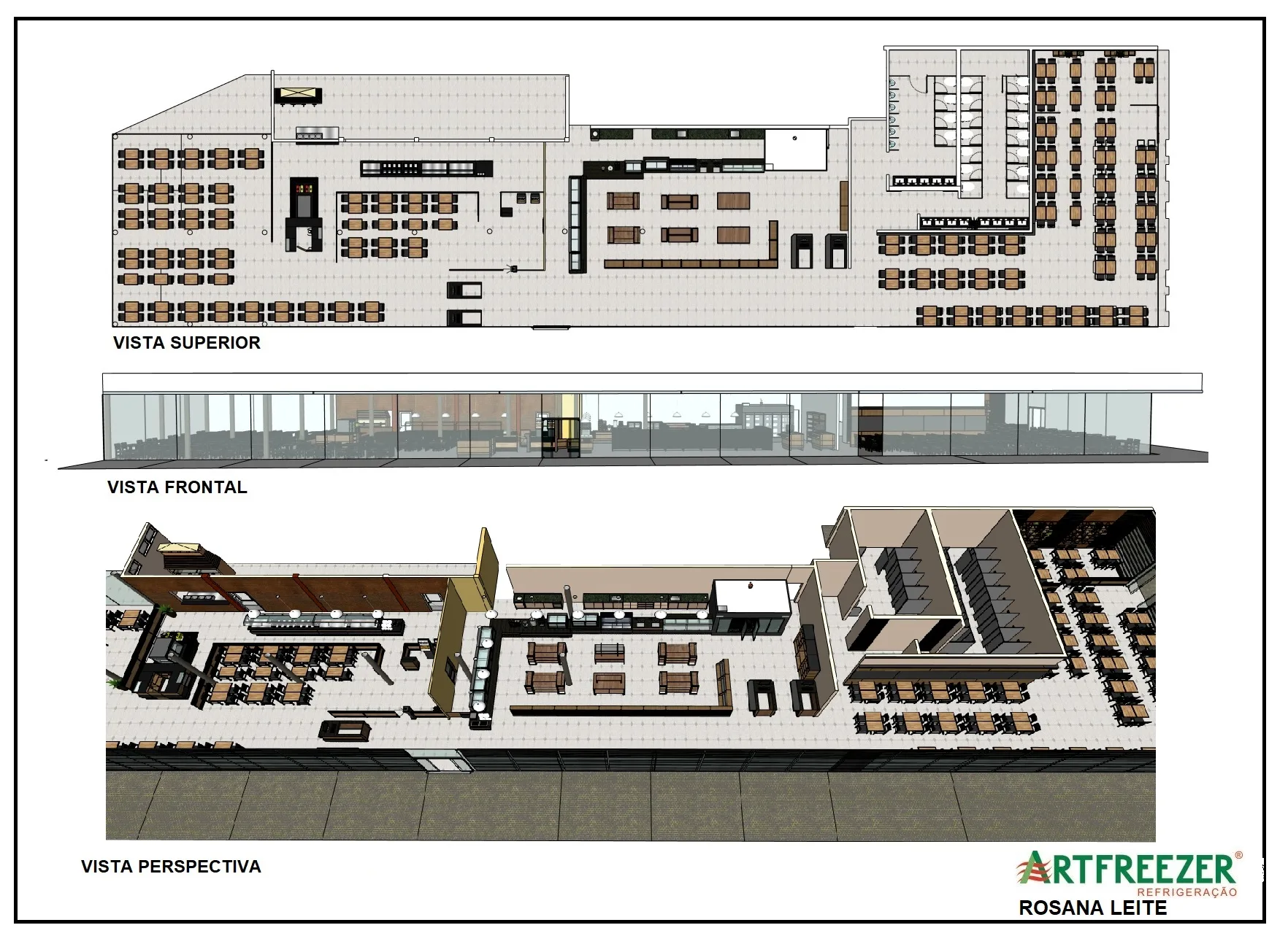Top, front and perspective views of the restaurant