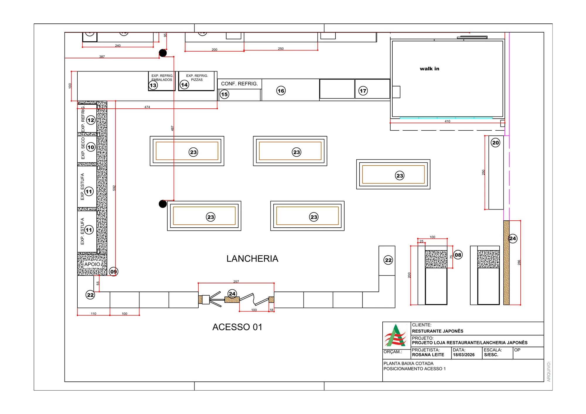 Dimensioned floor plan of the snack bar