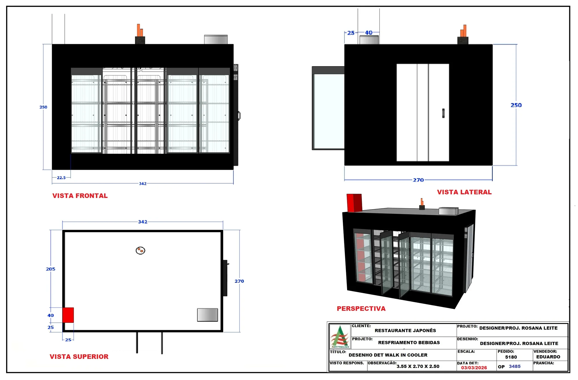 Dimensioned views of the walk-in cooler