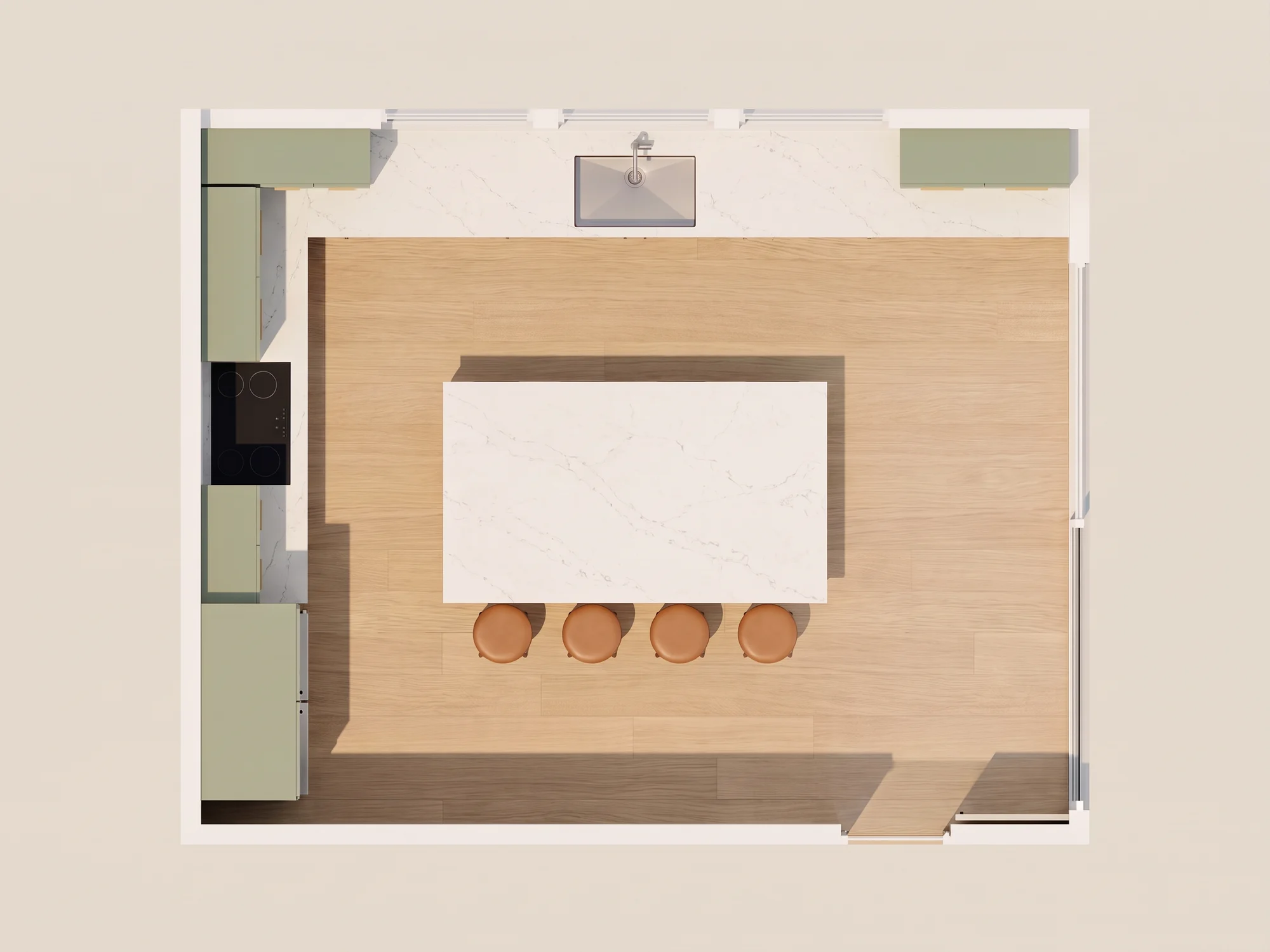 Render em vista superior da cozinha planejada