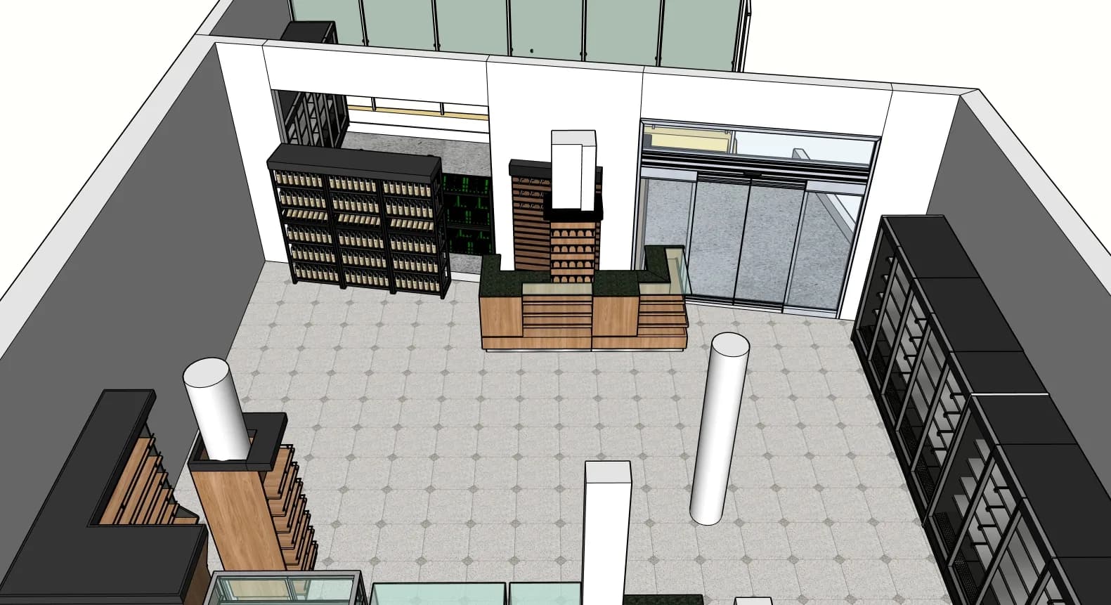 Render do caixa junto ao pilar, com a adega ao fundo
