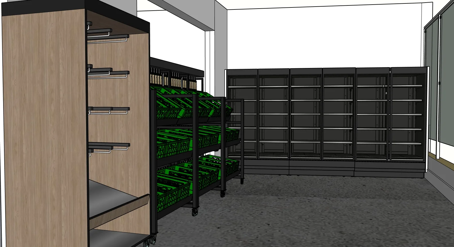 Render da fruteira com caixas verdes ao lado das vitrines