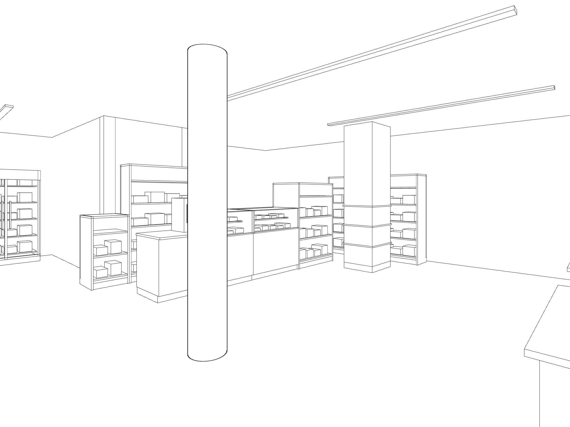 Perspectiva a traço da padaria, vista dos refrigerados