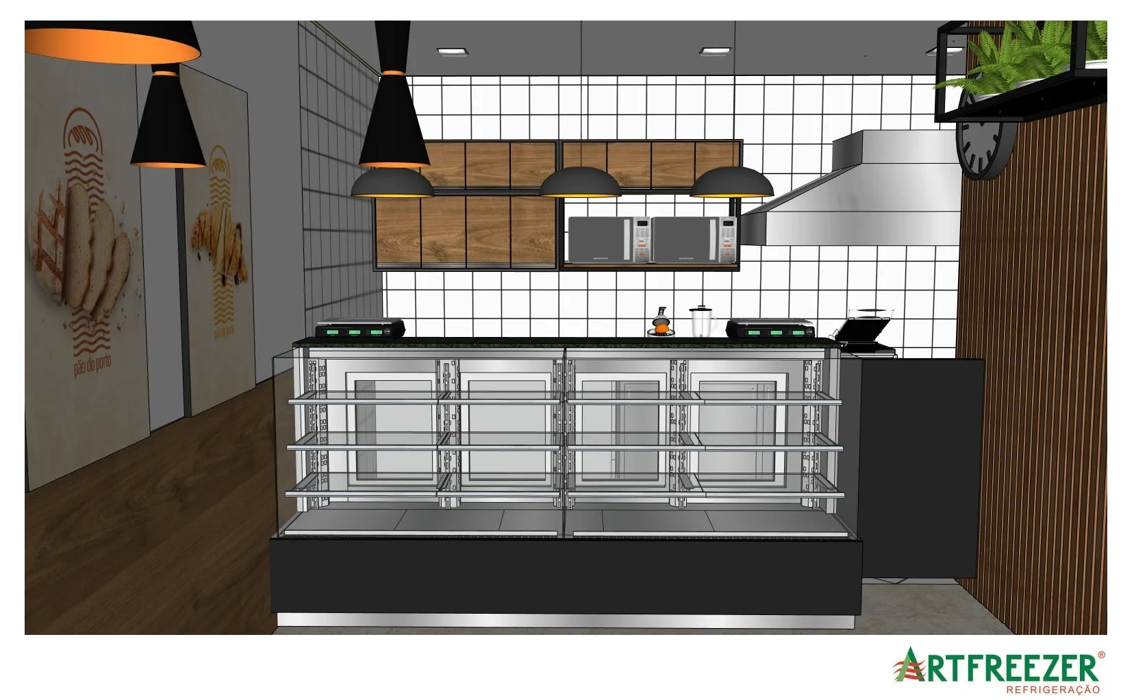 Confeitaria refrigerada diante da cozinha, com armários aéreos em MDF e coifa em inox.
