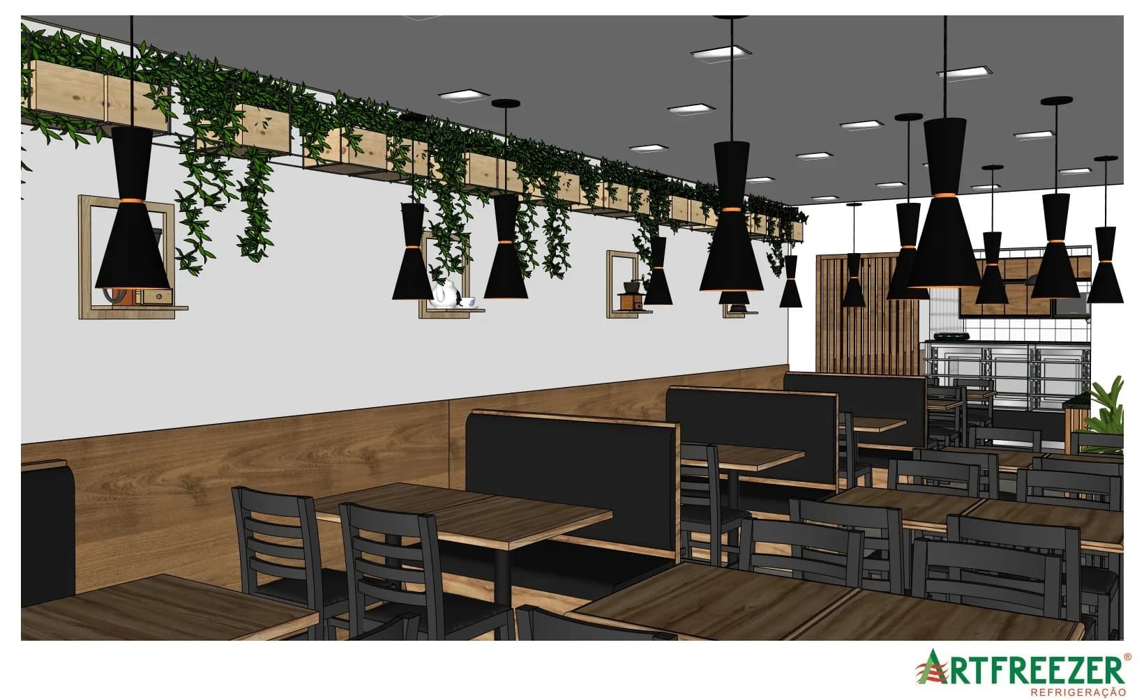 Render do salão com pendentes pretos e plantas suspensas