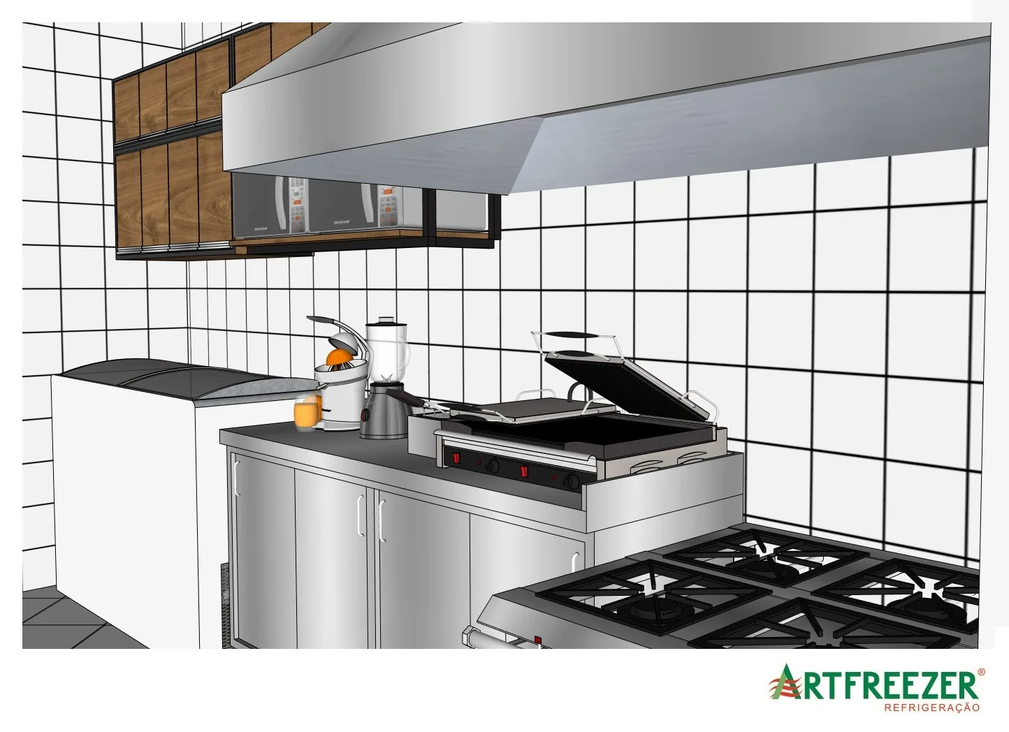 Cozinha em inox com fogão industrial, chapa e coifa, revestida de azulejo branco.