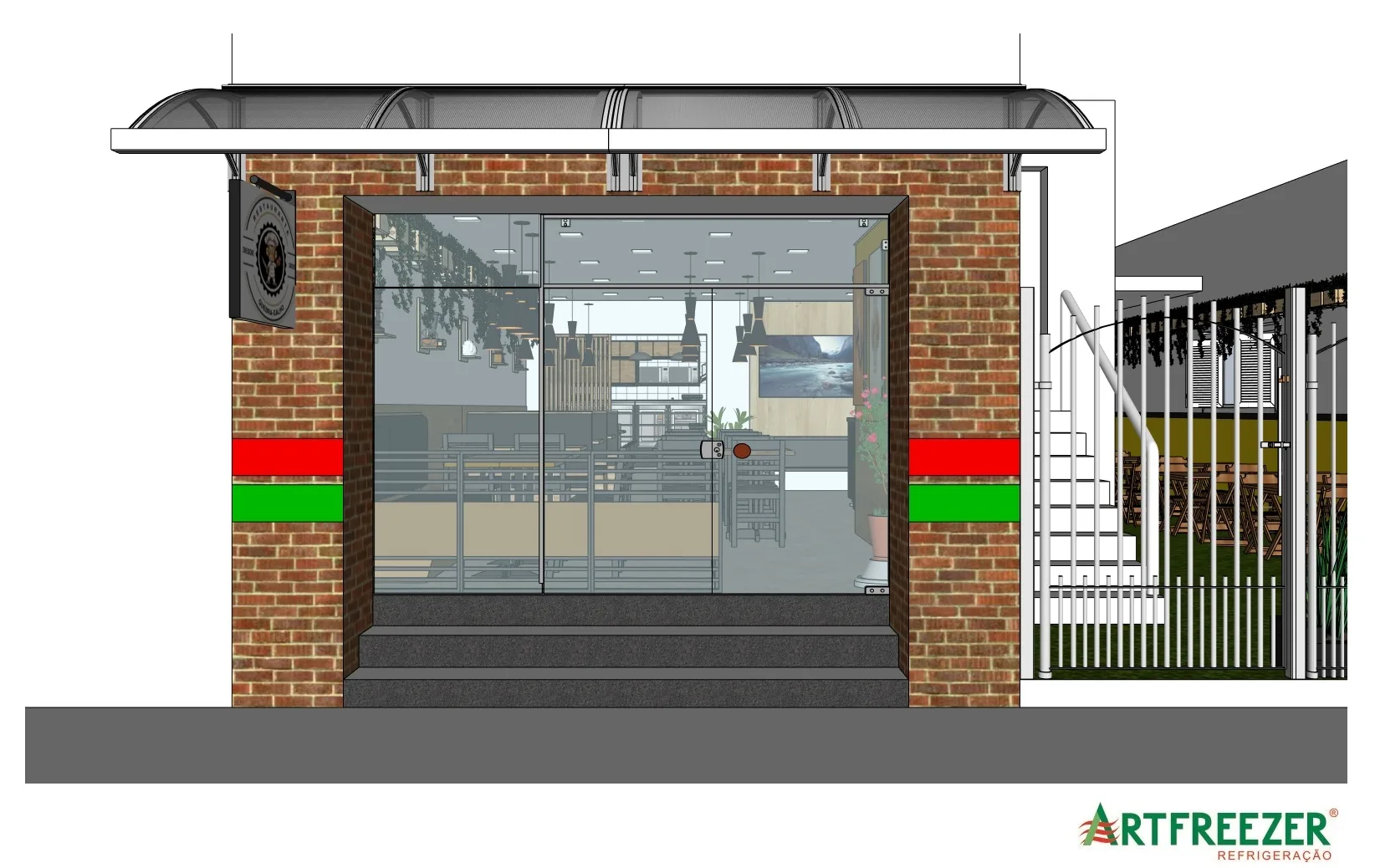 Fachada de tijolo aparente com marquise curva e porta de vidro.