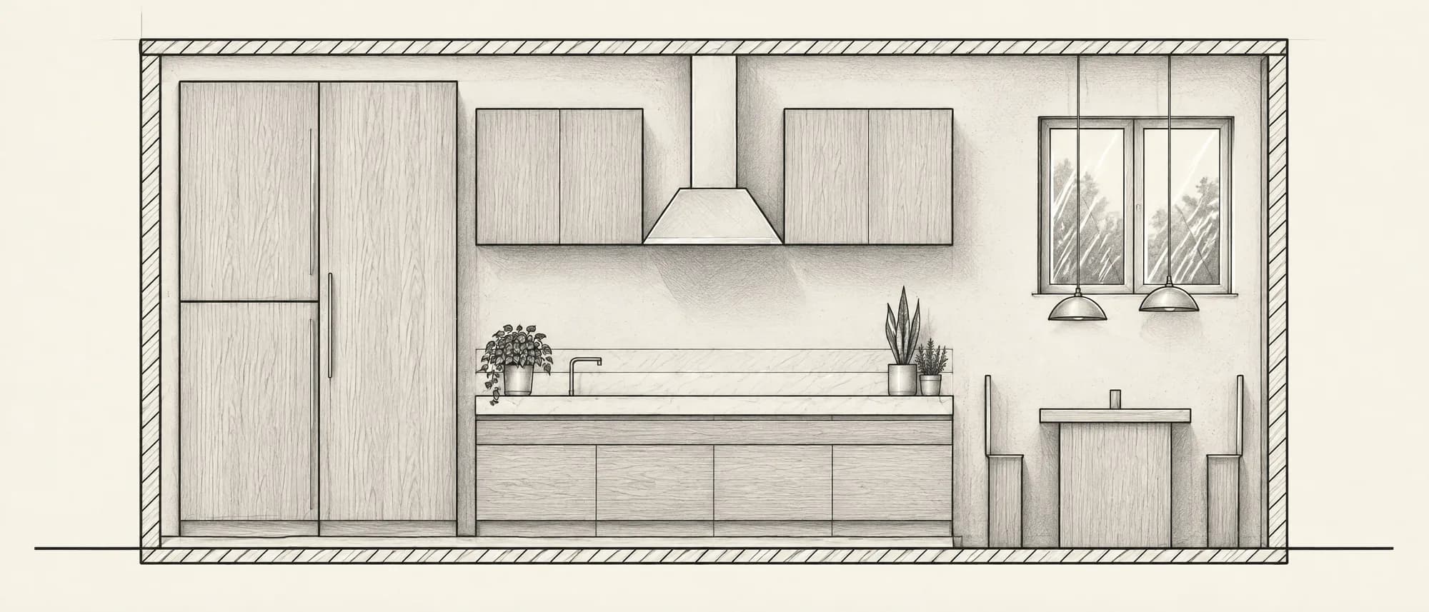 Vista frontal · cozinha e jantar