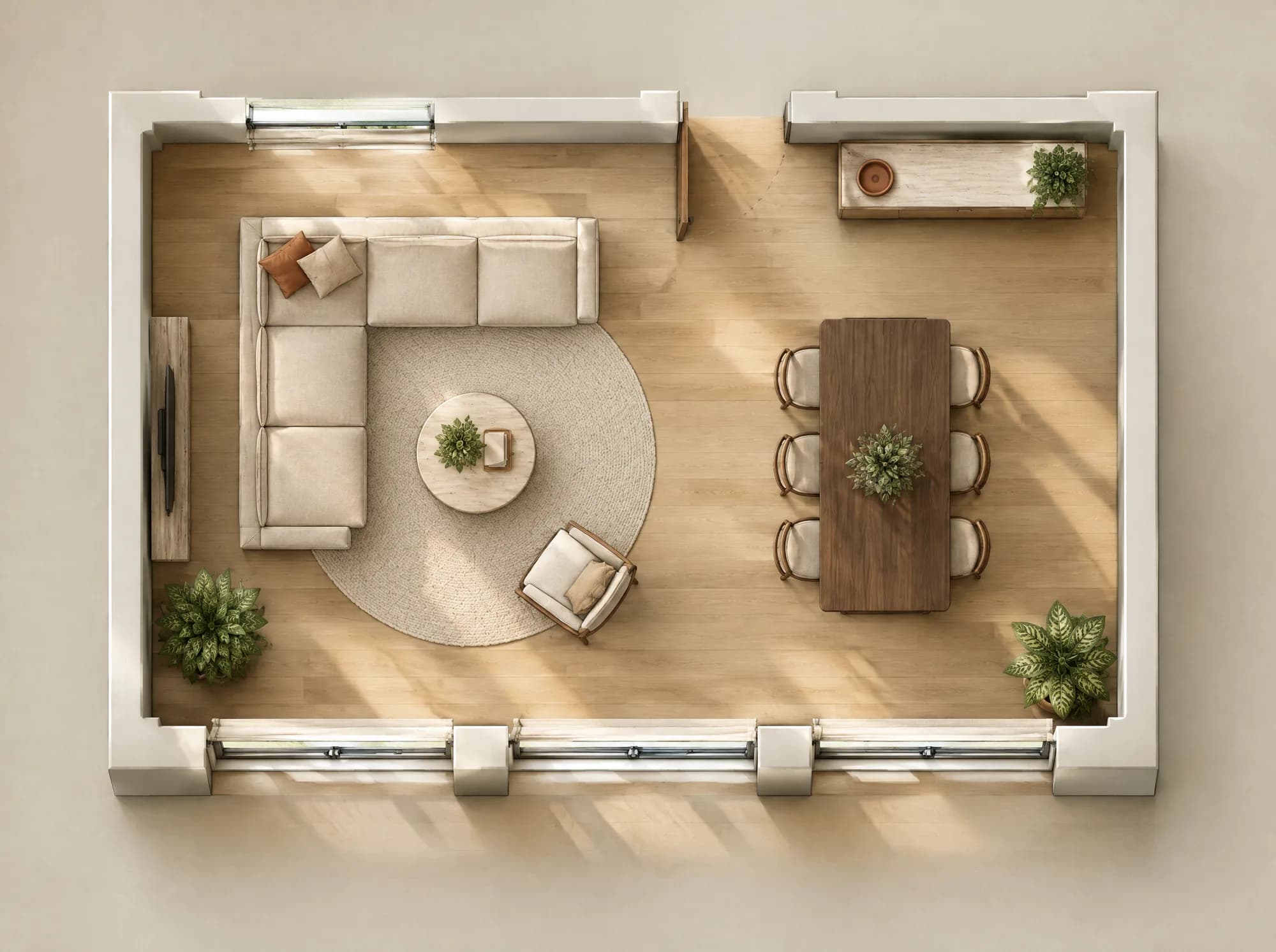Render em vista superior do estar e jantar
